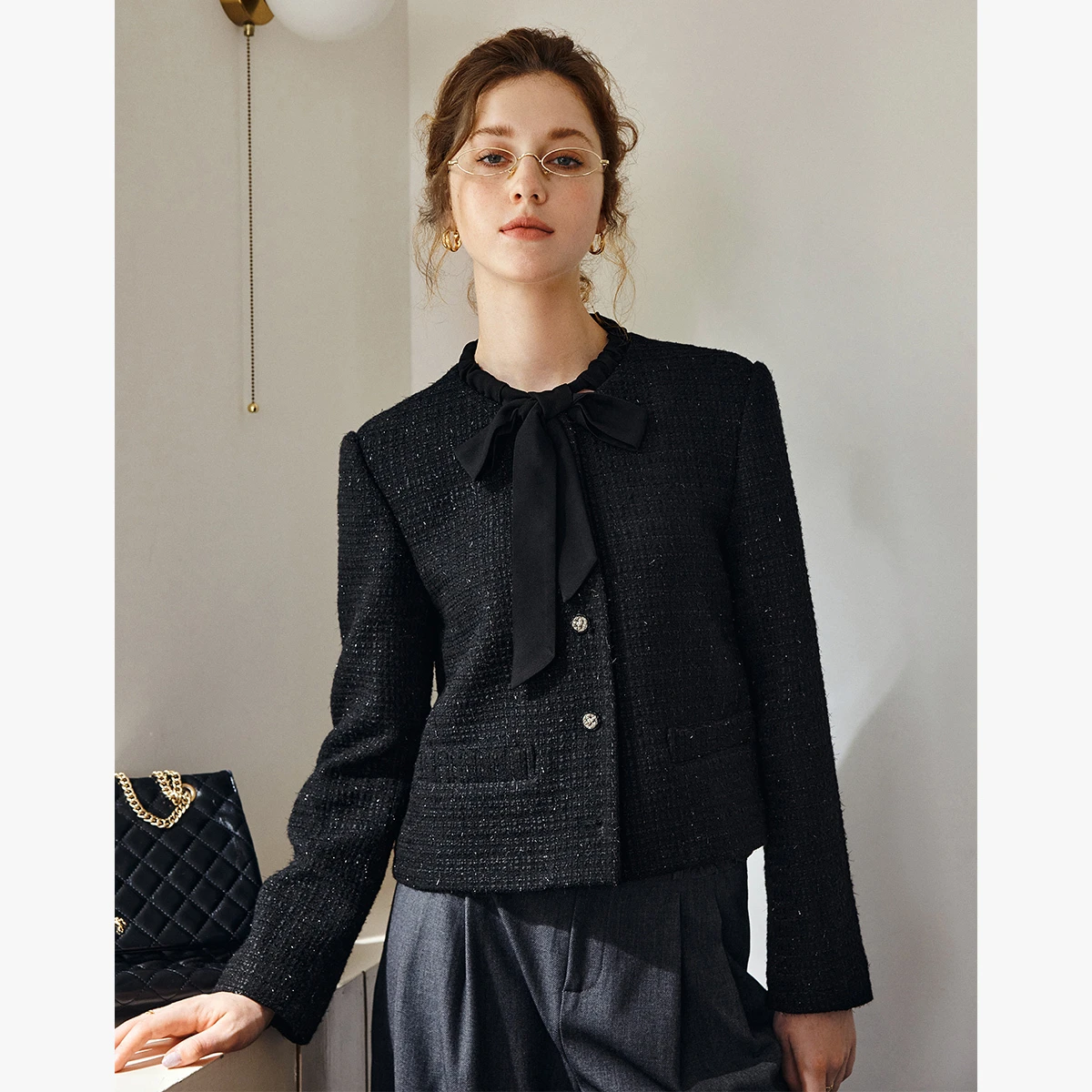 سترات فرنسية أنيقة من OLrain موضة خريف 2025 سترة قصيرة متعددة الاستخدامات وربطة عنق ضيقة مكشكشة ورقبة مستديرة قطع علوية للسيدات GO57QW000938 #2