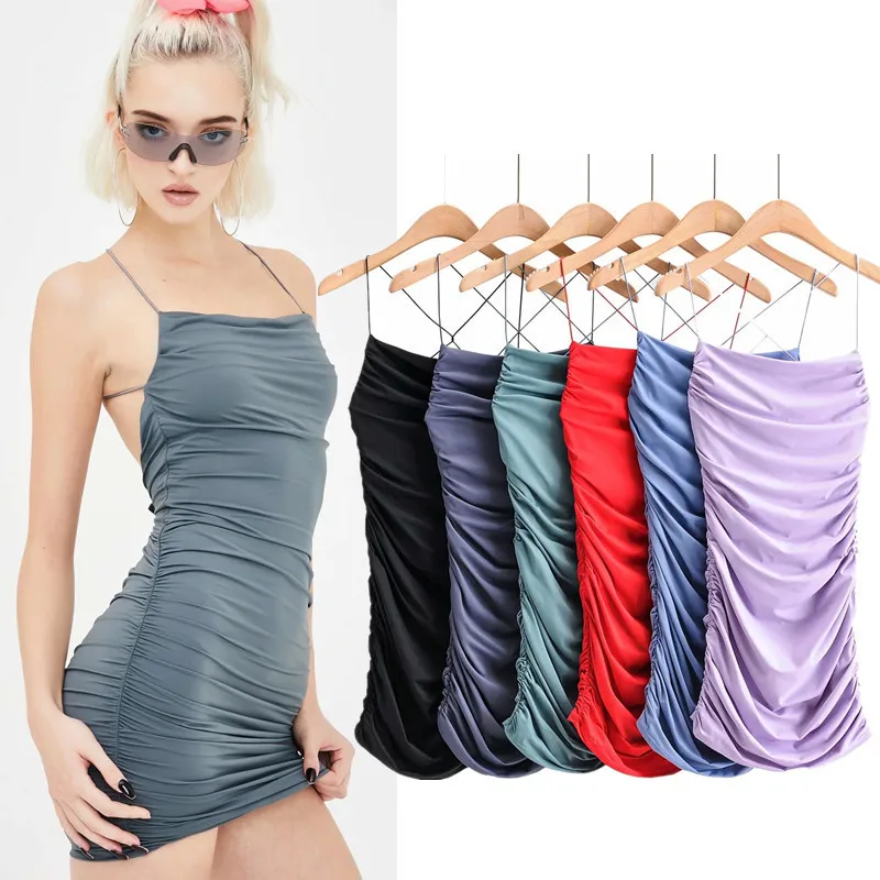 Vestido ajustado elástico plisado de verano 2026 con tirantes finos y espalda descubierta para mujer