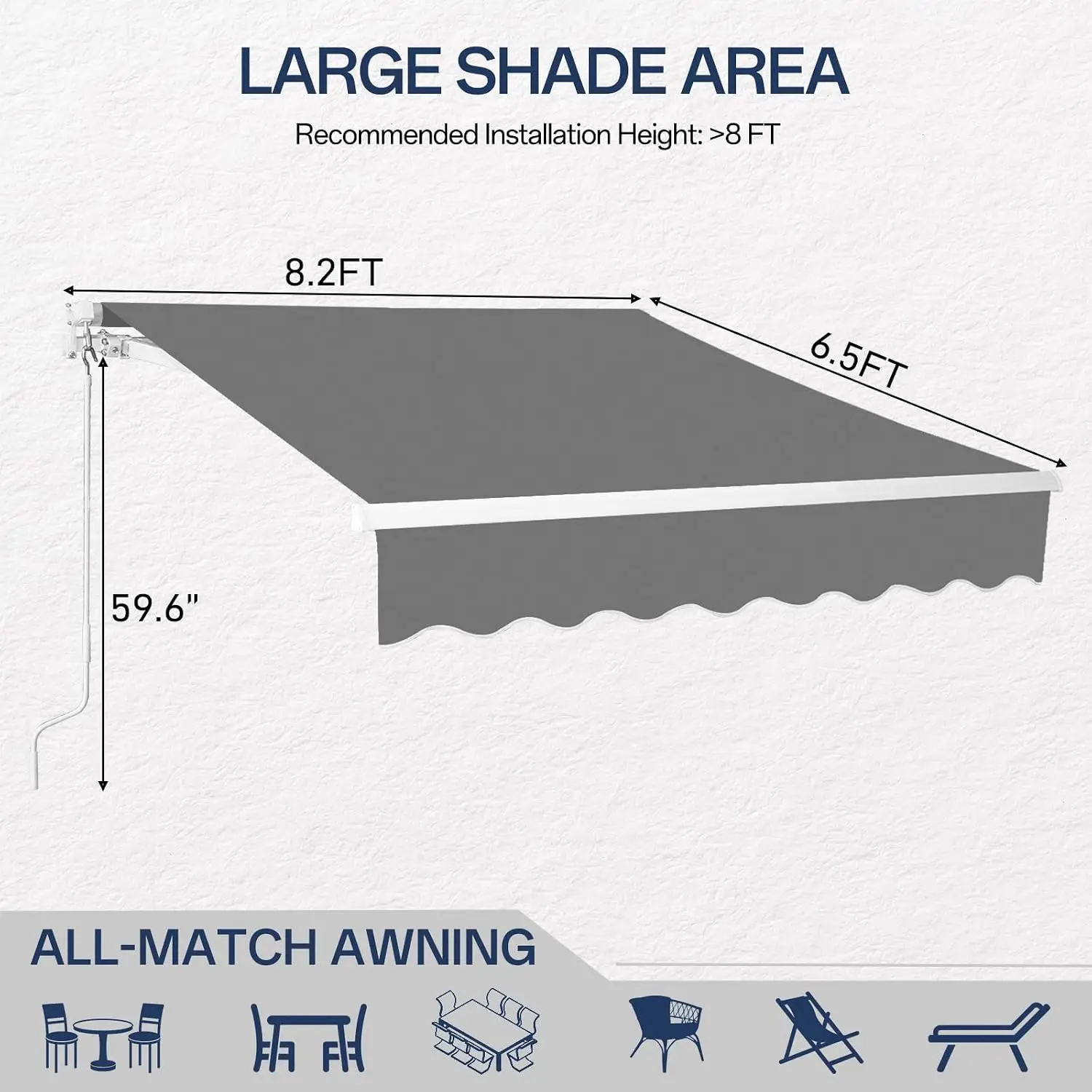 Retractable Awning Canopy 8x7ft, UV and Water-Proof Fabric Sunshade Shelter with Manual Crank Handle, Patio Awning Retractable f