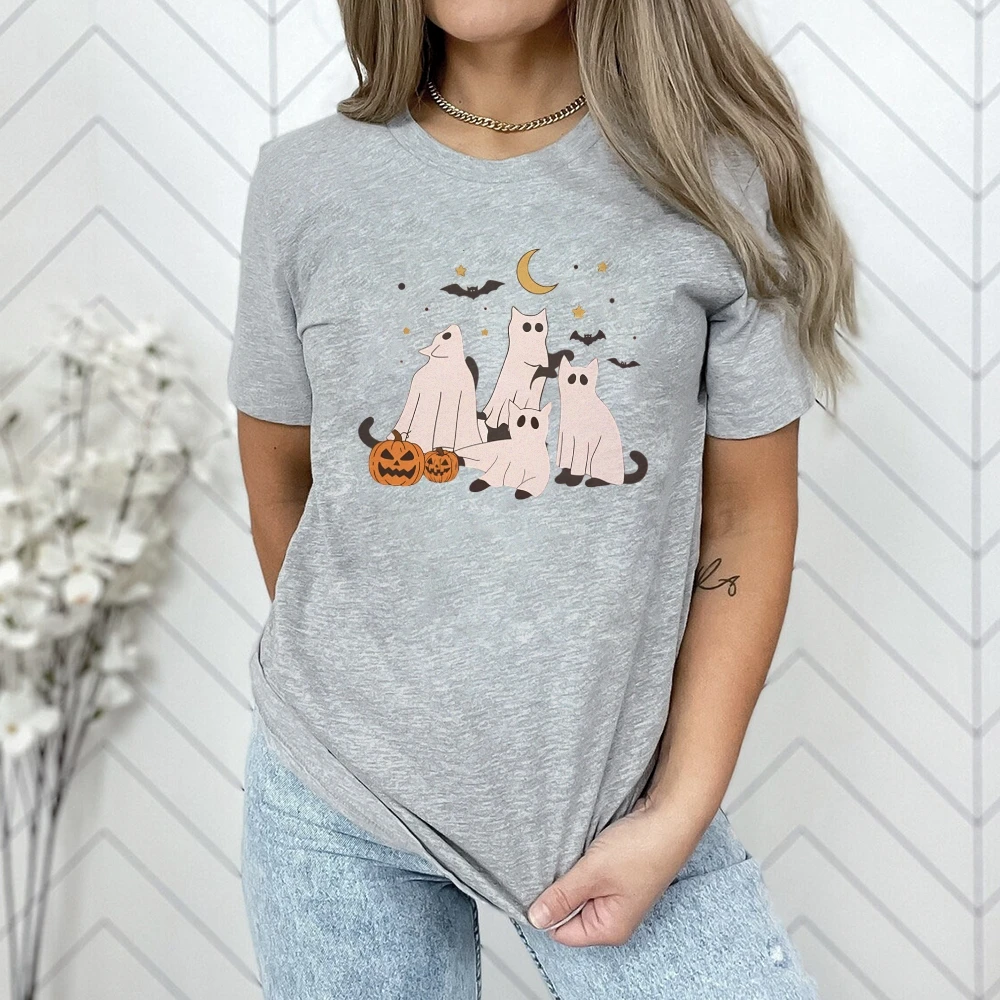 Cat Ghost Pumpkins Bats Graphic Tee Outfit Cute Black Cat Kitty Halloween Retro Outfits X Casual Women's Comfort Colors t-Shirts