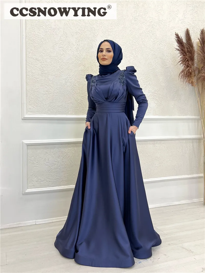 

Simple Long Sleeve Muslim Hijab Evening Dresses Islamic Prom Formal Party Gowns Women Satin Beaded Arabic Kafan Robes De Soirée