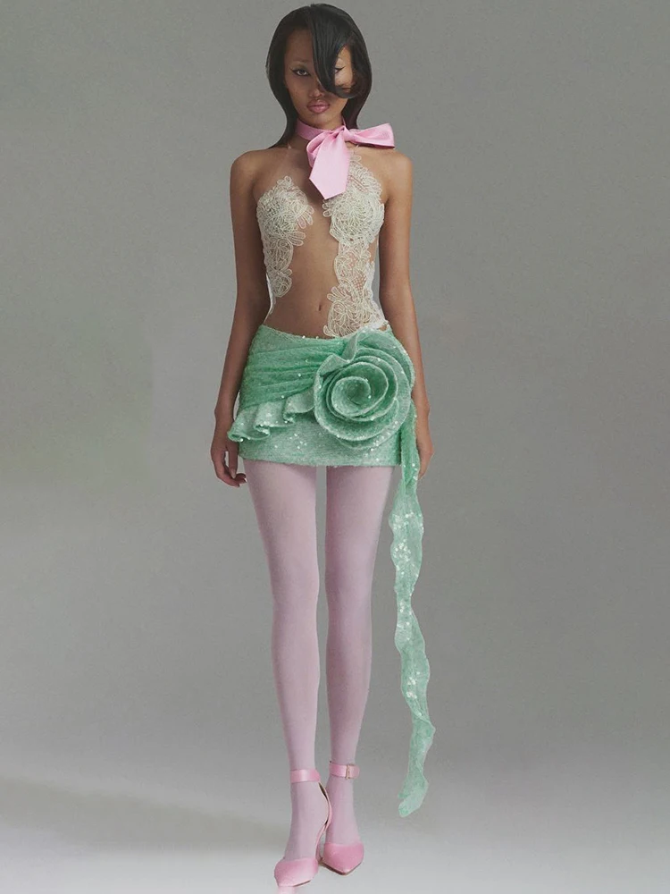 فستان قصير مزين بالدانتيل باللون الأخضر النعناعي للنساء - صدرية شفافة مزهّرة مع تنورة ترتر فستان حفلات أنيق Y2K ملابس خيالية #1