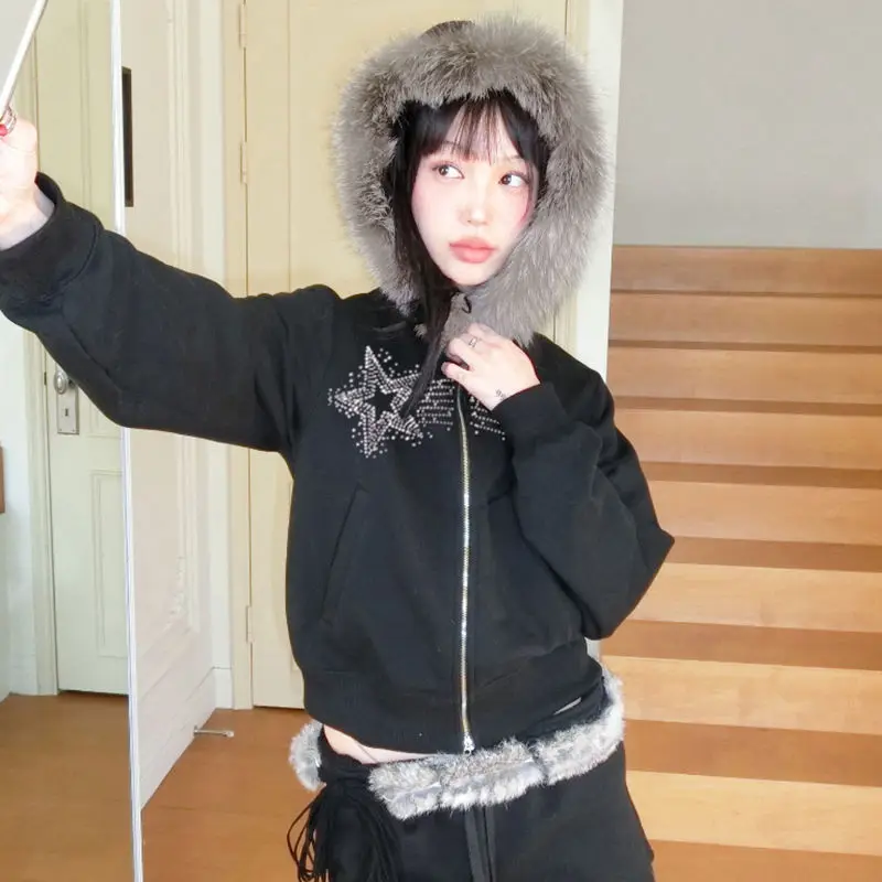 

Американская ретро молния с капюшоном и длинным рукавом, повседневная женская куртка, осенняя Y2K, винтажное готическое пальто с воротником из искусственного меха в стиле Харадзюку, шикарные топы
