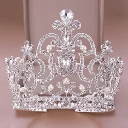 Barokowy Vintage kryształowa perła duża Tiara Diadem królowa głowa króla biżuteria tiary ślubne ślubne akcesoria do włosów ozdoby