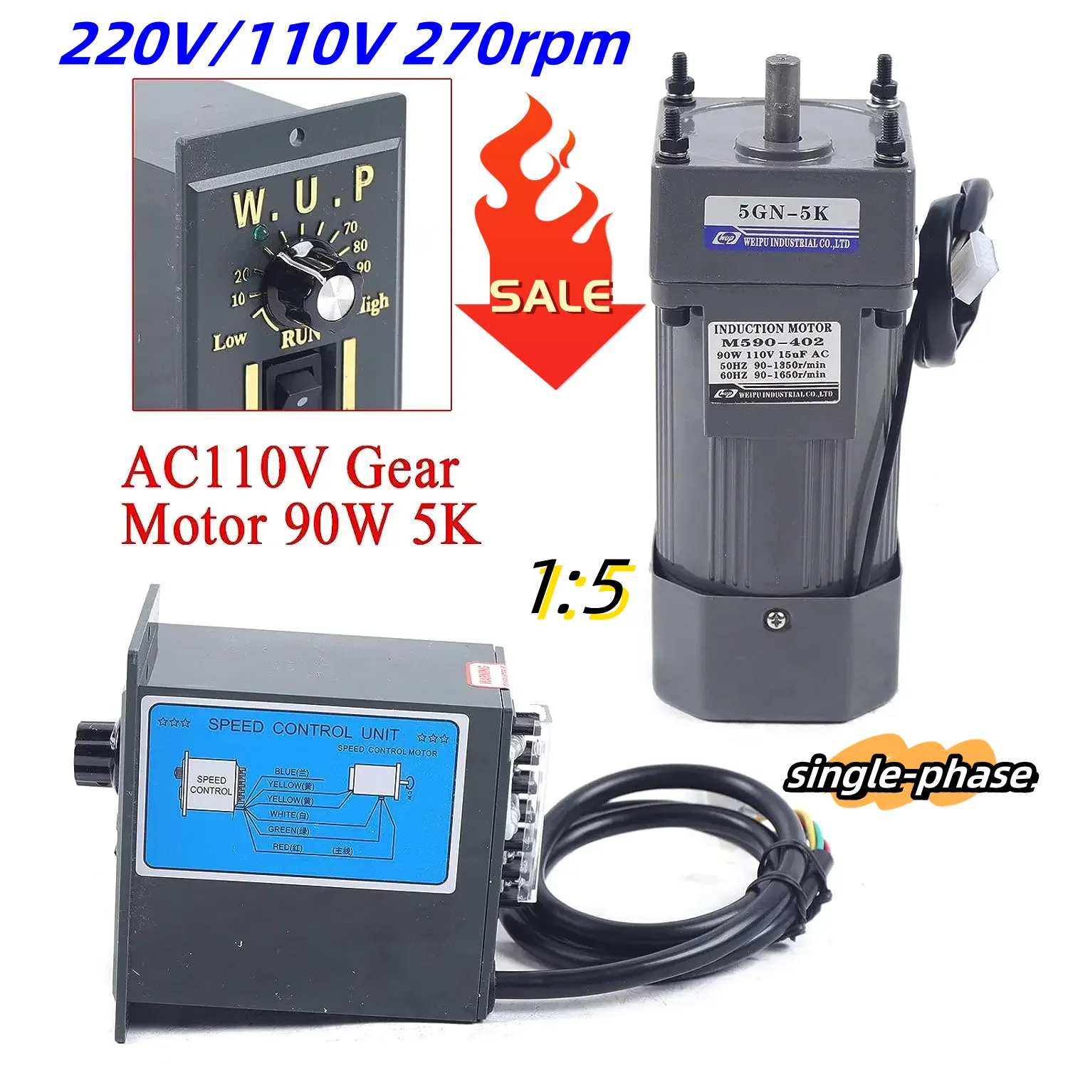 90W 5K AC Gear Motor Electric Speed Adjustable Controller 220V/110V 270rpm