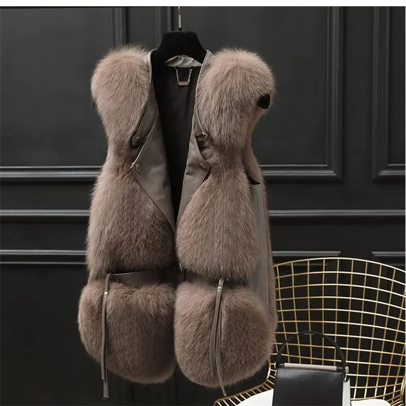 2023 Women Autumn Winter New Imitation Fox Fur Vest  Jacket Female Mid-Length Black Vest Women Grace Fashion Young Coat A1113