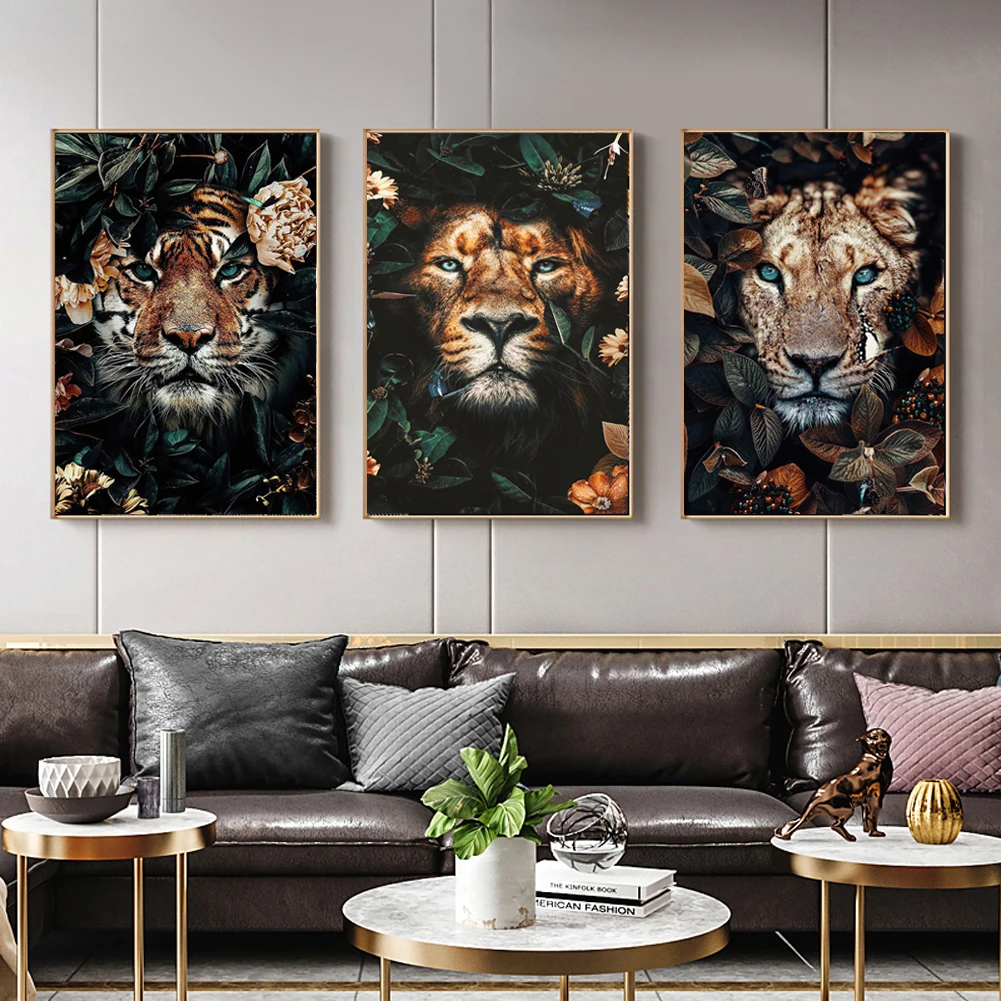

Lion, Tiger and Leopard In The Flowers Art Canvas Paintings Animal Posters and Prints Wall Art Pictures for Living Room