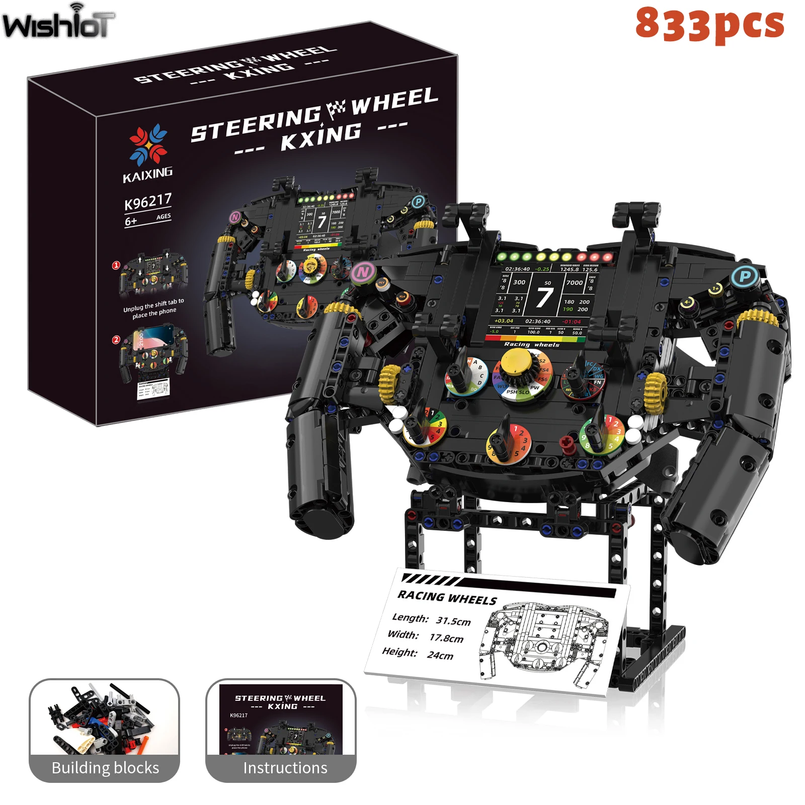 

833PCS Steering Wheel Building Blocks Simulation Racing Wheels Model Mobile Phone Holder Kid Assembly Toy Creative Birthday Gift