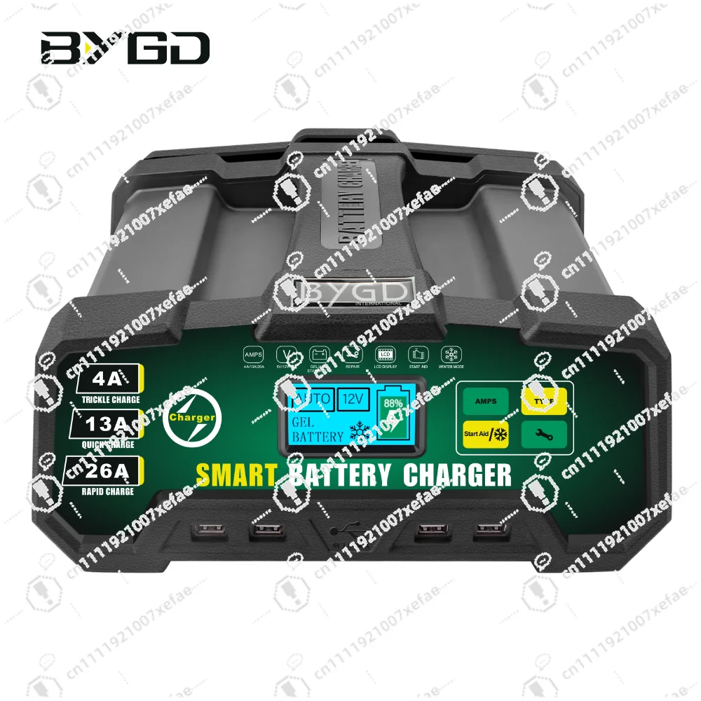 

6V/12V/24V smart LCD screen car battery charger 26A lithium battery identification and repair 8-stage charging ETL certified sol
