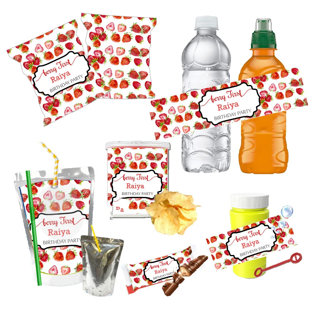 Personalised Strawberry Birthday Water Bottle Labels Self Adhesive Thank You Tag Juice Pouch Logo Sticker Custom Party Christmas