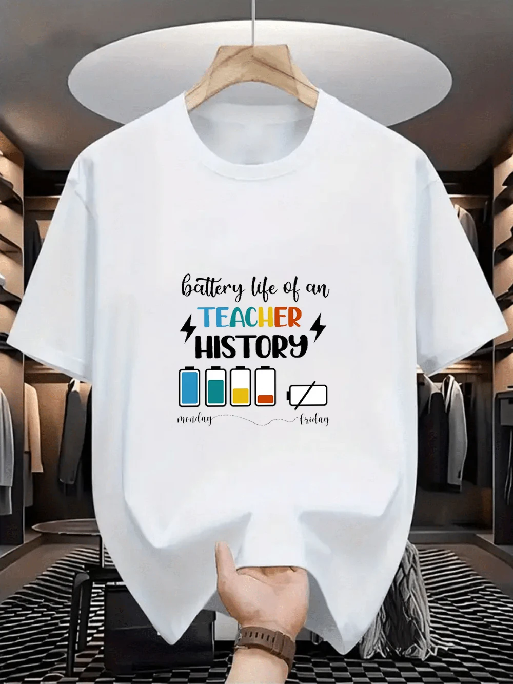 Oversized White Funny Teacher Battery Life Graphic Print Casual Short Sleeve T-Shirt, Loose Crew Neck Tee for Educators