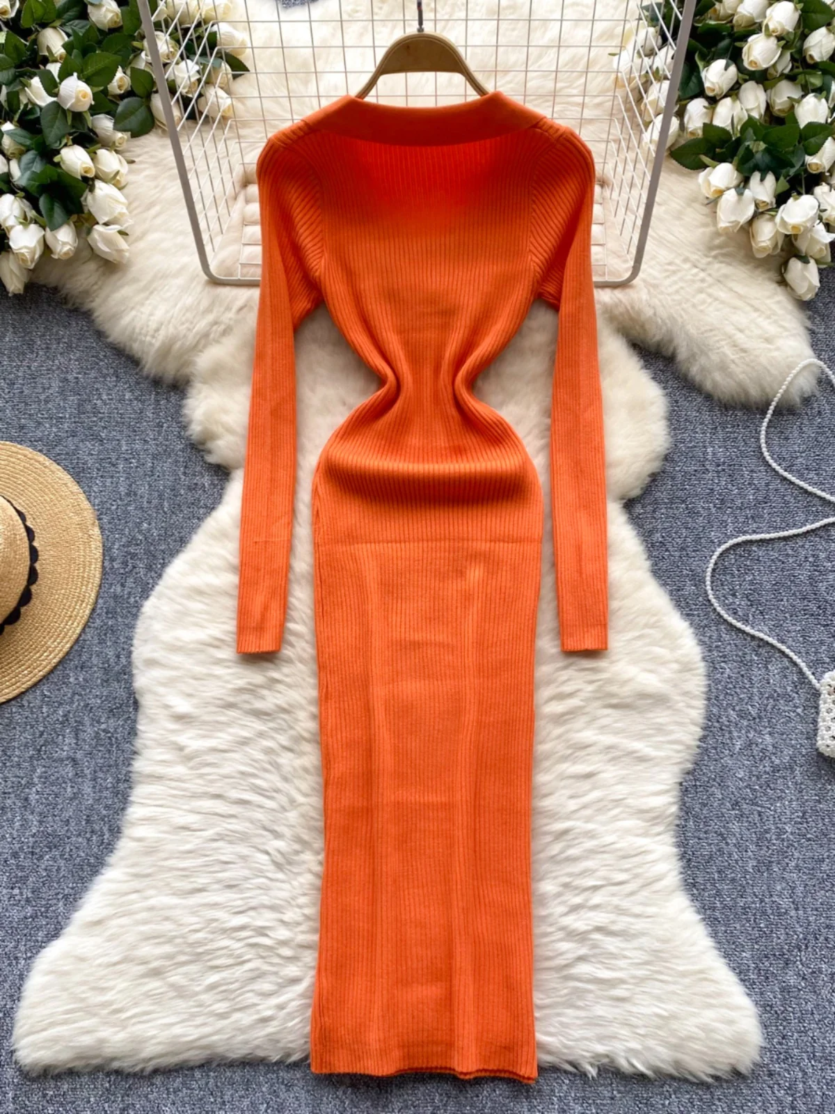 Retro Sweter z Kołnierzykiem, Długi, Wyszczuplający, Dzianinowy, Dopasowany do Sylwetki, Spódnica z Wysokim Stanem, Damska, Jesienno-Zimowa, Moda Koreańska, Elegancki