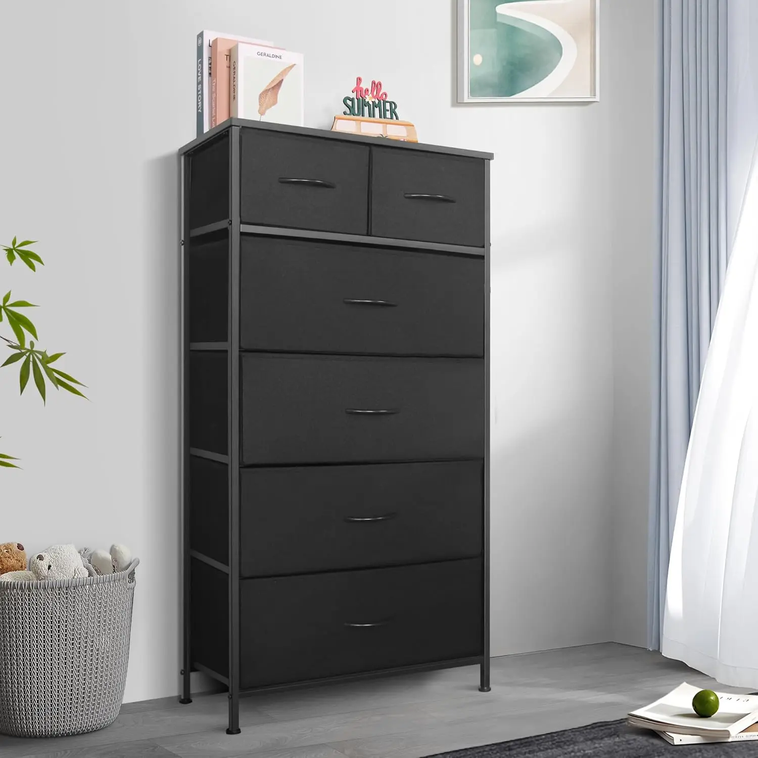 7‑Drawer Vertical Tall Storage Dresser Tower, Fabric Bins, Steel Frame & Wood Top, Black, for Bedroom, Closet & Entryway