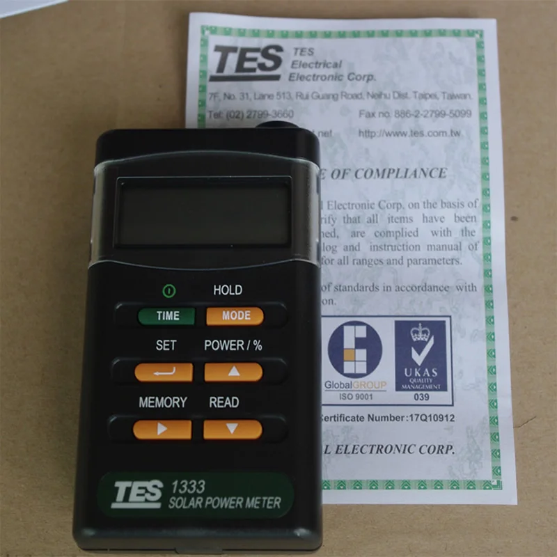 1PC TES1333 Portable Solar Power Meter Wide Range 2000W/m² Solar Energy Radiation Detector for Solar Panel Testing