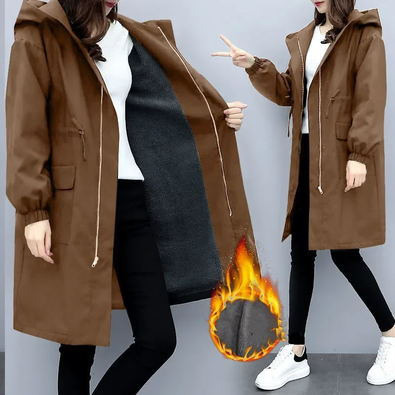 Elegant Lady Coat Women Solid Velvet Thicken Windbreaker Trench Coats Autumn Winter Hooded Drawstring Pocket Zipper Long Outwear