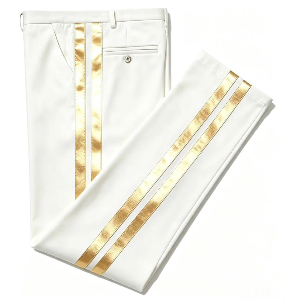 Red Double Stripe Suits Pant Men's Tuxedo Dress Pants Flat Front Satin Band Trousers Suits Pant