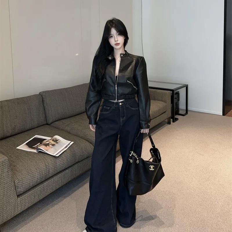 Hong Kong Sle ort Biker Jaet femmes taille haute manteau en cuir PU polyvalent automne nouveauté Faion haut pour femme