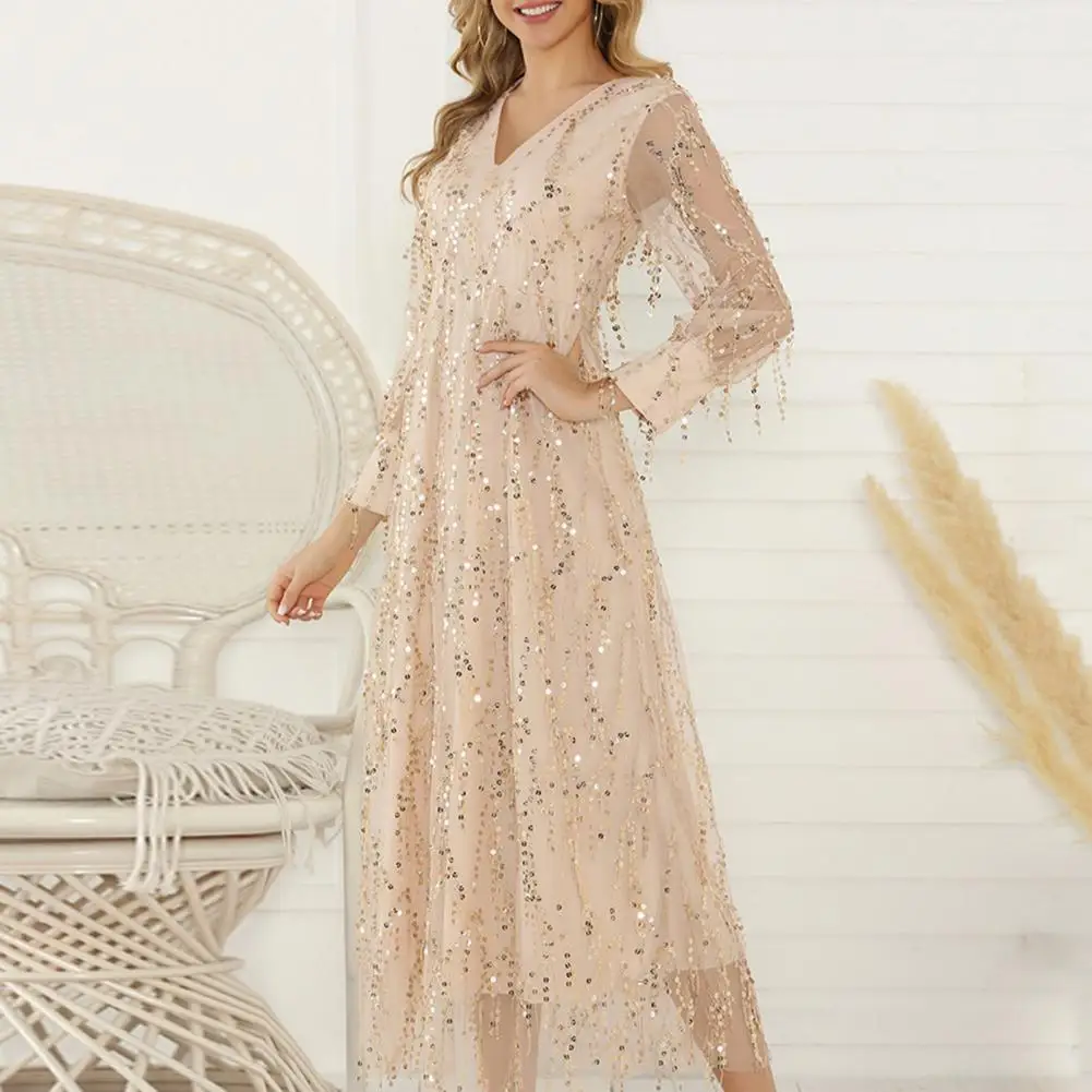 Vestido de lantejoulas elegante lantejoulas borla decote em v vestido de noite com pregas linha a cintura fina para festa de coquetel de casamento dupla camada