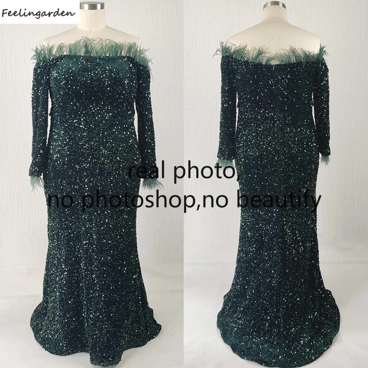 

Feelingarden индивидуальное настоящее фото вечернее платье больших размеров зеленое с блестками и перьями длиной до пола, женское вечернее платье русалки