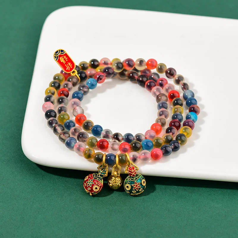 2025 New Half Sugar Agate Candy Heart Gold Swallowing Beast Triple Strand Bracelet Holiday Gift for Friends