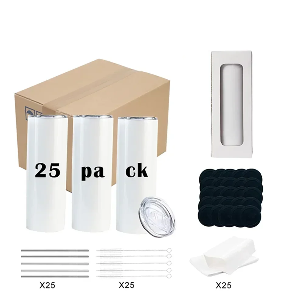 25Pcs Sublimation Blank Straight Cup with Lid Water Bottles 20OZ Tumbler Coffee Cup Mug Stainless Steel Vacuum Insulated Thermos