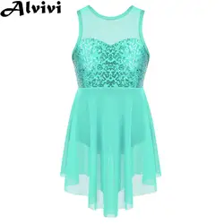 6-16Y Girls Ballet Lyrical Dance Dress Figure Skating Gymnastics Leotard Tutu Sleeveless Shiny Sequin Irregular Hem Dancewear