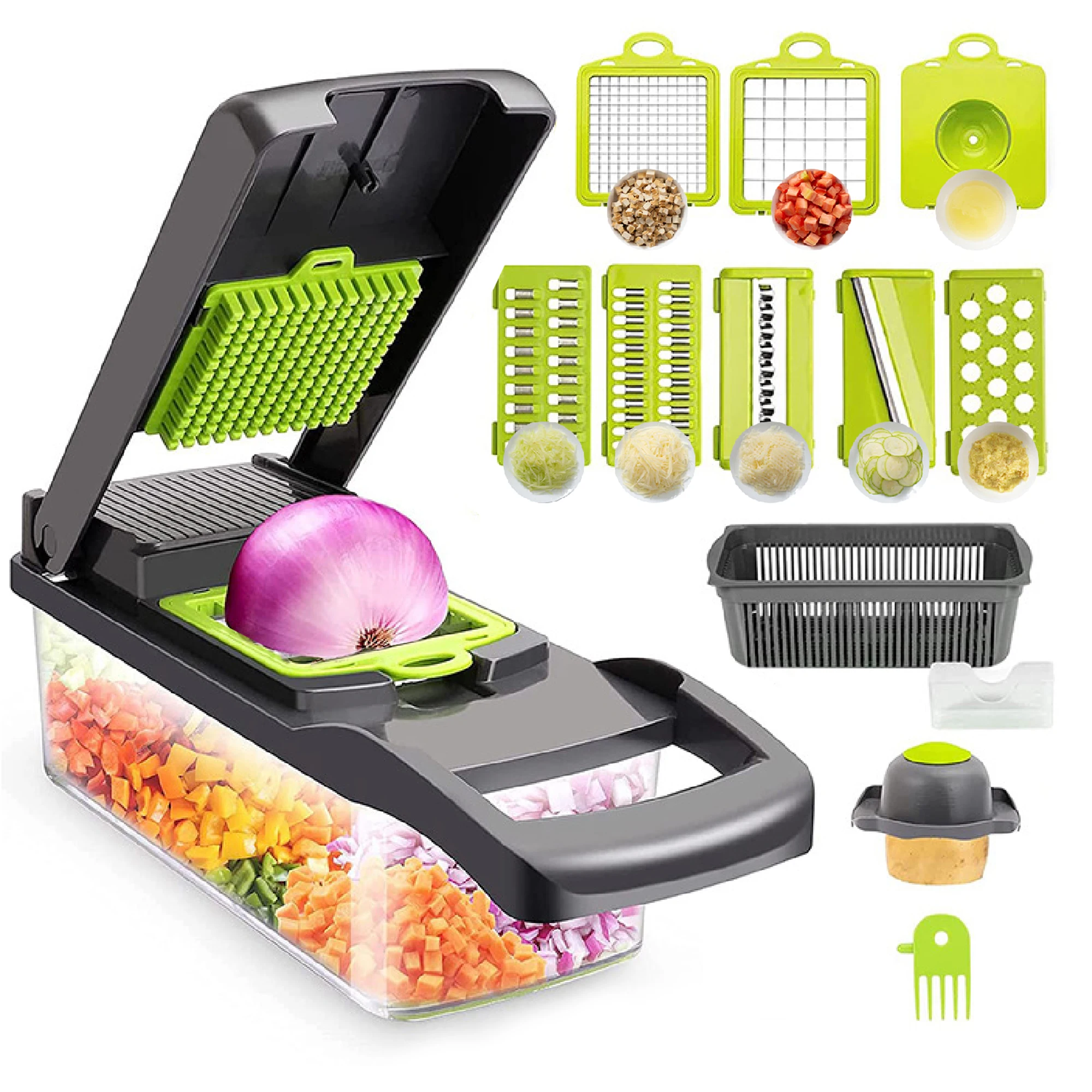 XOKOTAKI  Cortador de Verdura Manual, Mandolina de Cocina Multifuncional 13 en 1-2 Cuchillas, 7 Rebanadoras Rallador, Separador de Huevo y Escurridor, Cuchillas Acero Inoxidable