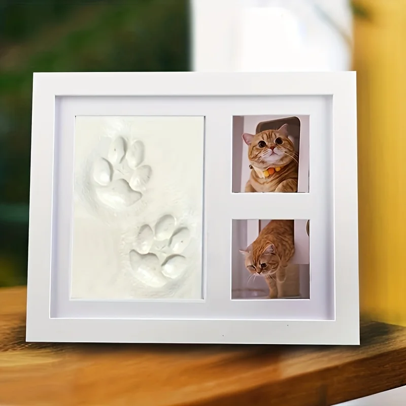 Dog Or Cat Pet Pawprint Keepsake Kit & Picture Frame - Premium Wooden Photo Frame, Clay Mold For Paw Print & Bonus Stencil