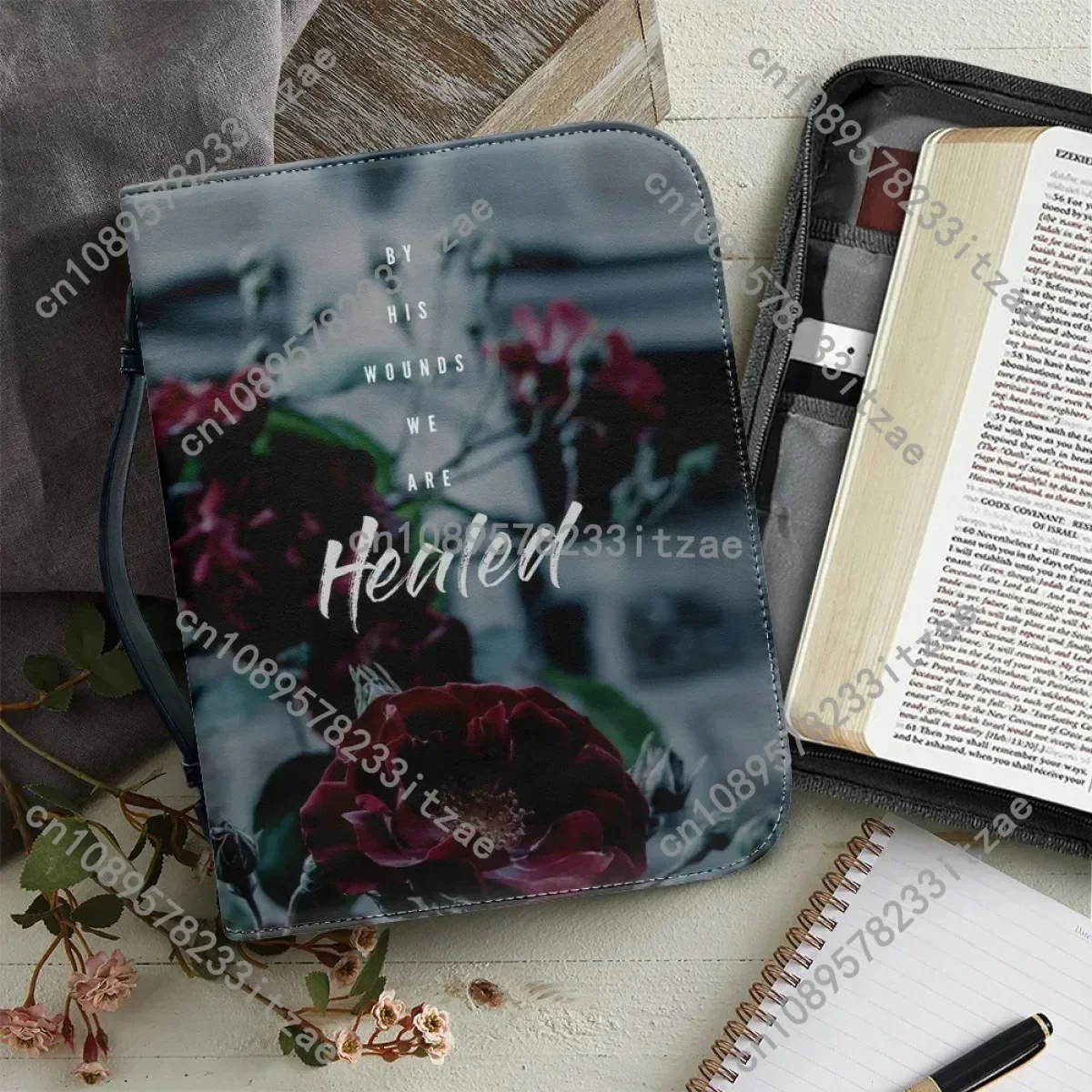 

Leather Bible Cover Case Bible Golden Sentence Verses Print Bible Storage Bags for Women Zippered Handle Portable Church Handbag