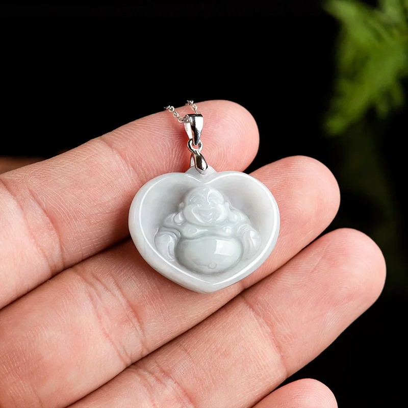 

Burmese Jadeite Maitreya Buddha Pendant Necklace 925 Silver Designer Accessories Carved Amulet Charm Real Jade Gifts for Women