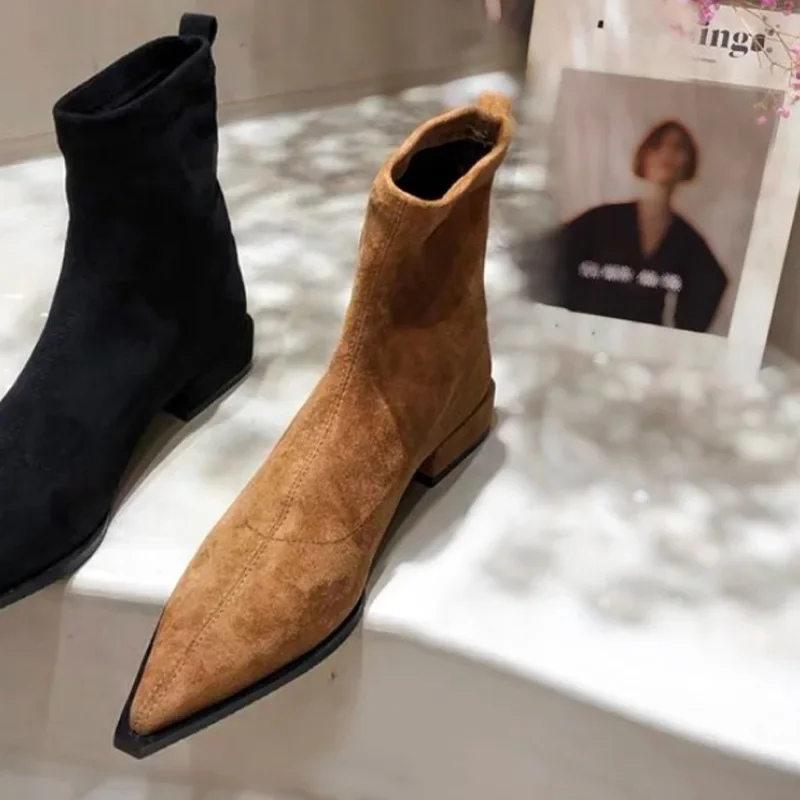 Women Suede Ankle Boots Heels Shoes Fashion Sexy Pointed Toe Shoes Women Trend Snow Boots Elegant Walking Dress Goth Mujer Botas