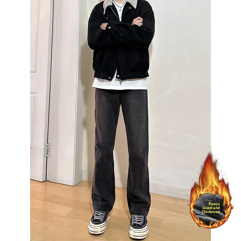 

Мужские прямые эластичные джинсы Bla Fce с подкладкой, в американском стиле, для осени и зимы, облегающие, повседневные, длинные брюки