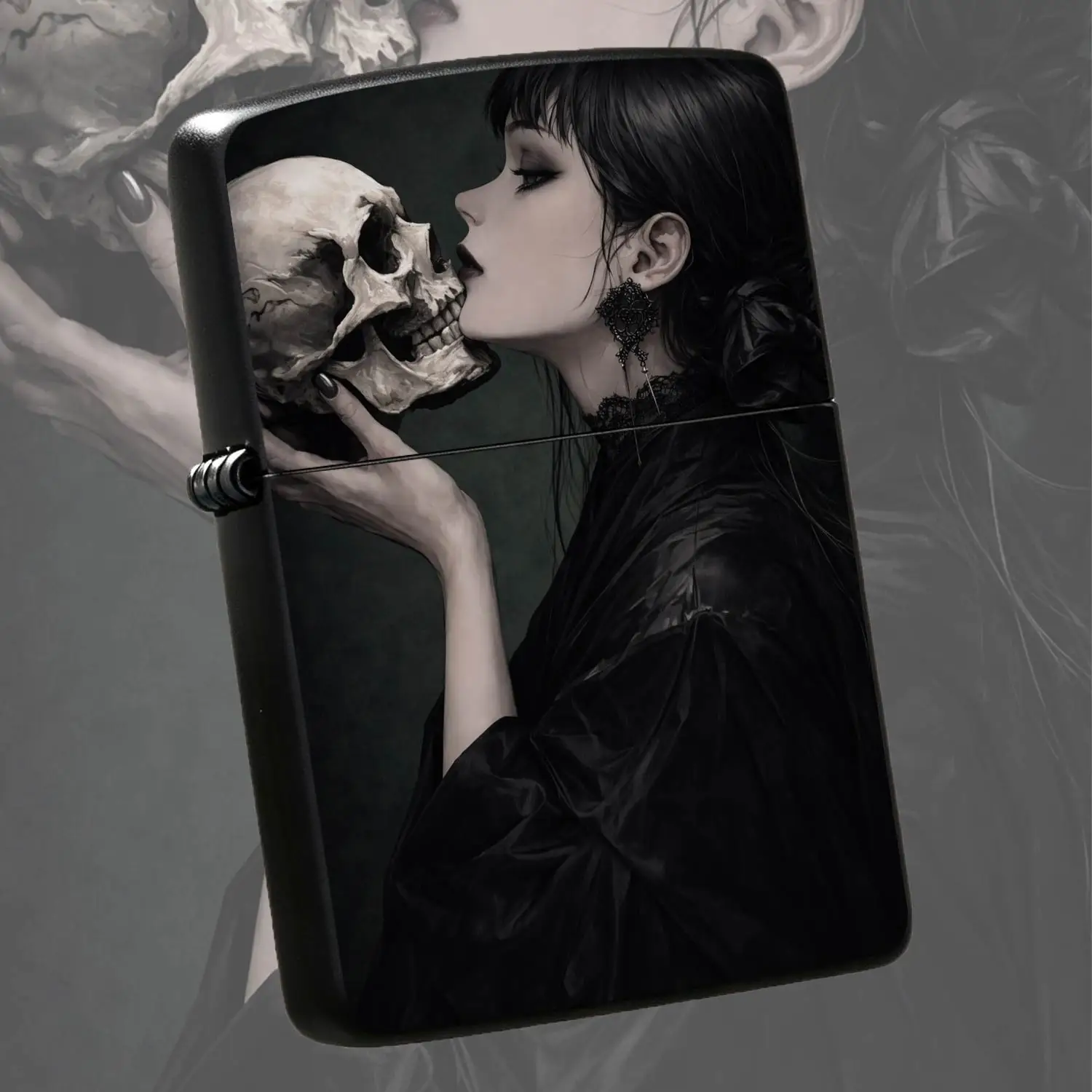 Dark Gothic Aesthetic Art Pattern Lighter, Exquisite Portable Ignition Accessory With Unique Skeleton Kiss Lady Design, Vintage Moody Dark Style Collectible, Versatile For All Daily Scenarios, Stylish Gifting Choice For People Who Love Uniq