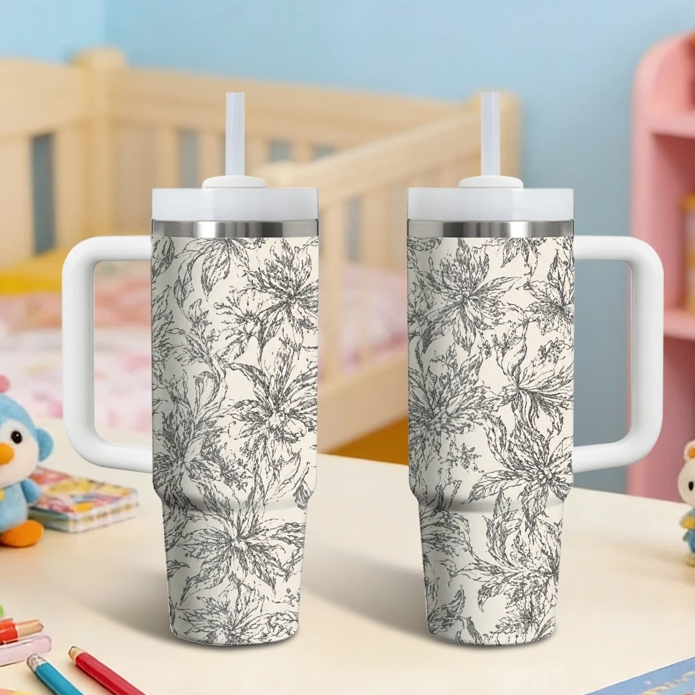 

Neutral Floral Textile Vacuum Flasks 40oz Stainless Steel Insulated Tumbler With Handle & Straw Leakproof Travel Mug