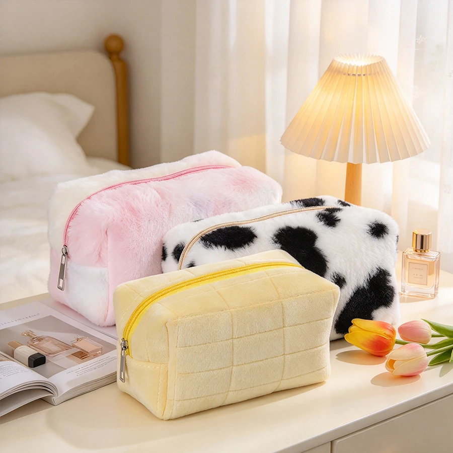Plush large capacity fluffy makeup bag; cow print zipper toiletry storage bag; soft travel cosmetic organizer for women