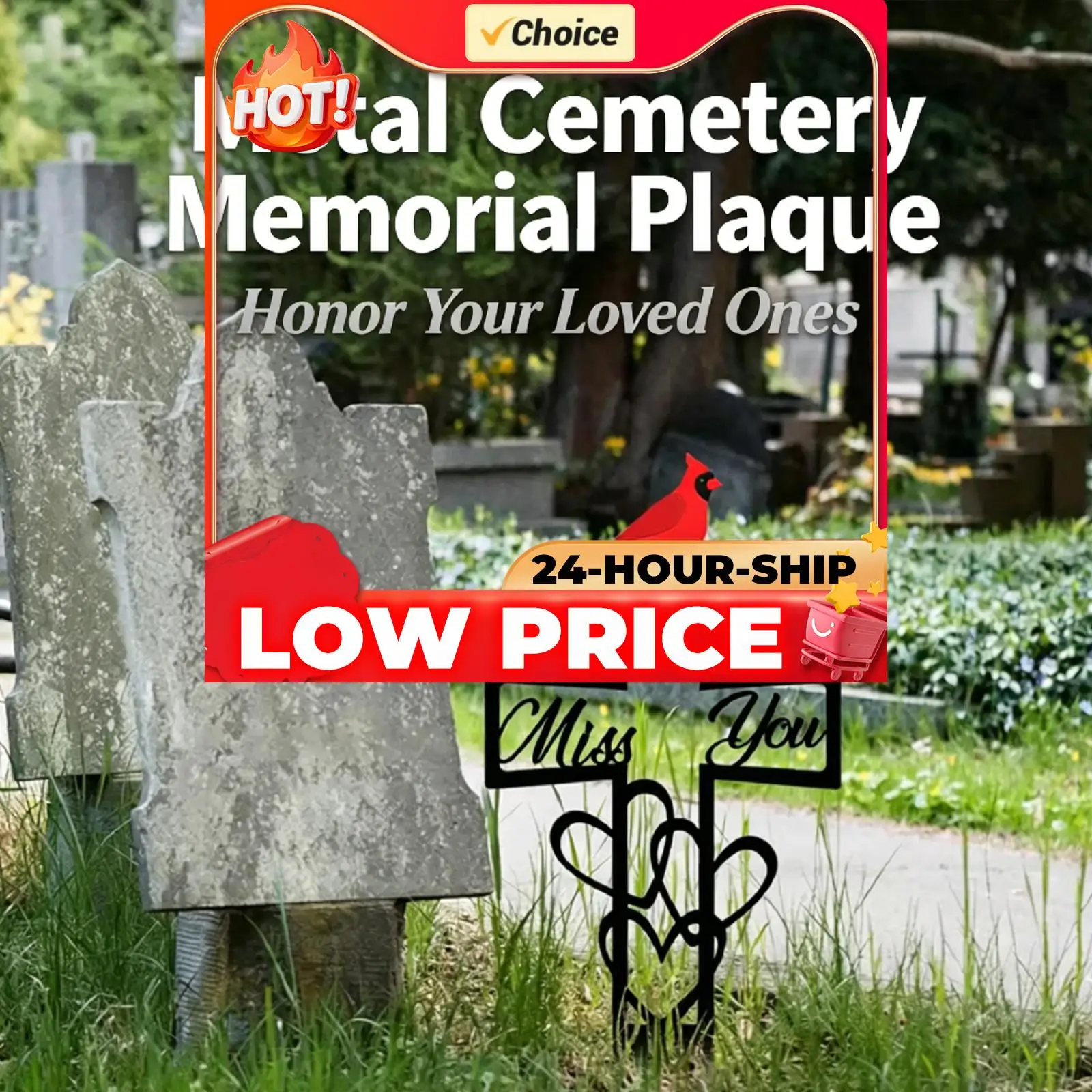 1/2PCS Cardinal Cross Grave Plaques Metal Memorial Plaque for Remembranc Grave Markers with Miss You Script & Heart Accent