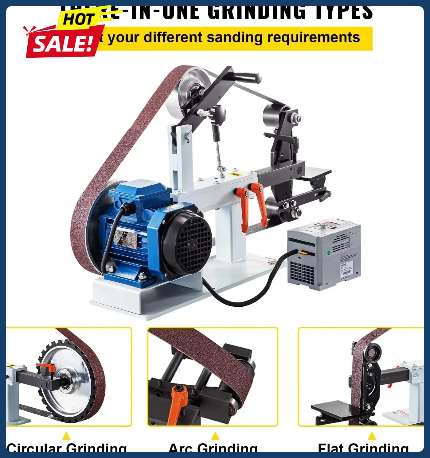 

Ленточная шлифовальная машина мощностью 1500 Вт, 2 л.с., ленточная шлифовальная машина с регулируемой скоростью 2 x 82 дюйма с 3 шлифовальными формами и плоской опорой для инструментов