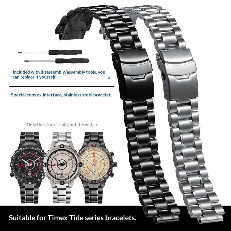 Convex End Stainless Steel Watch Strap 24x16mm Fits Timex Tide T2N721 TW2V49000 T2N720 T2N739 Replacement Watch Band