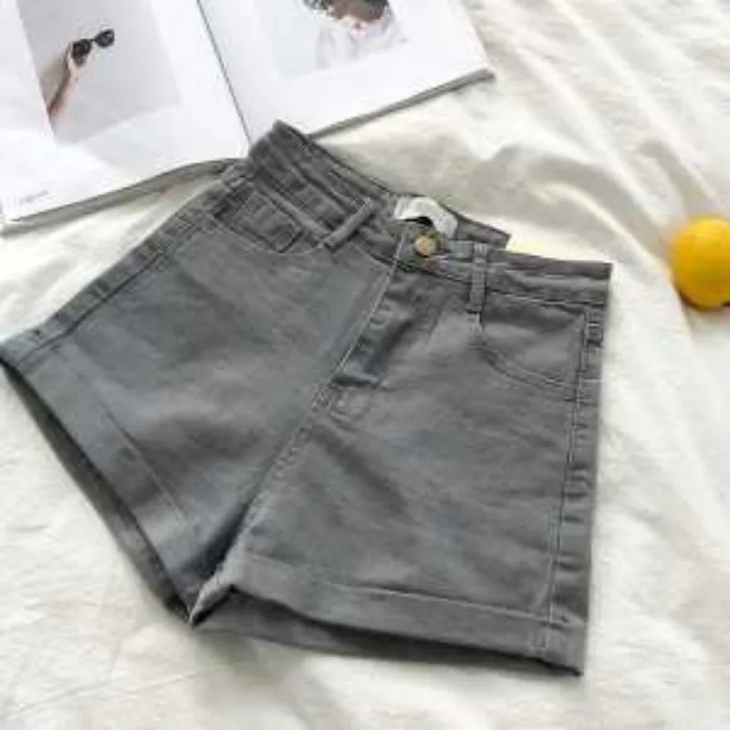 

Women High Waist Cuffed Denim Shorts Korean Basic Slim Wide Leg Hot Pants For Summer Daily Wear