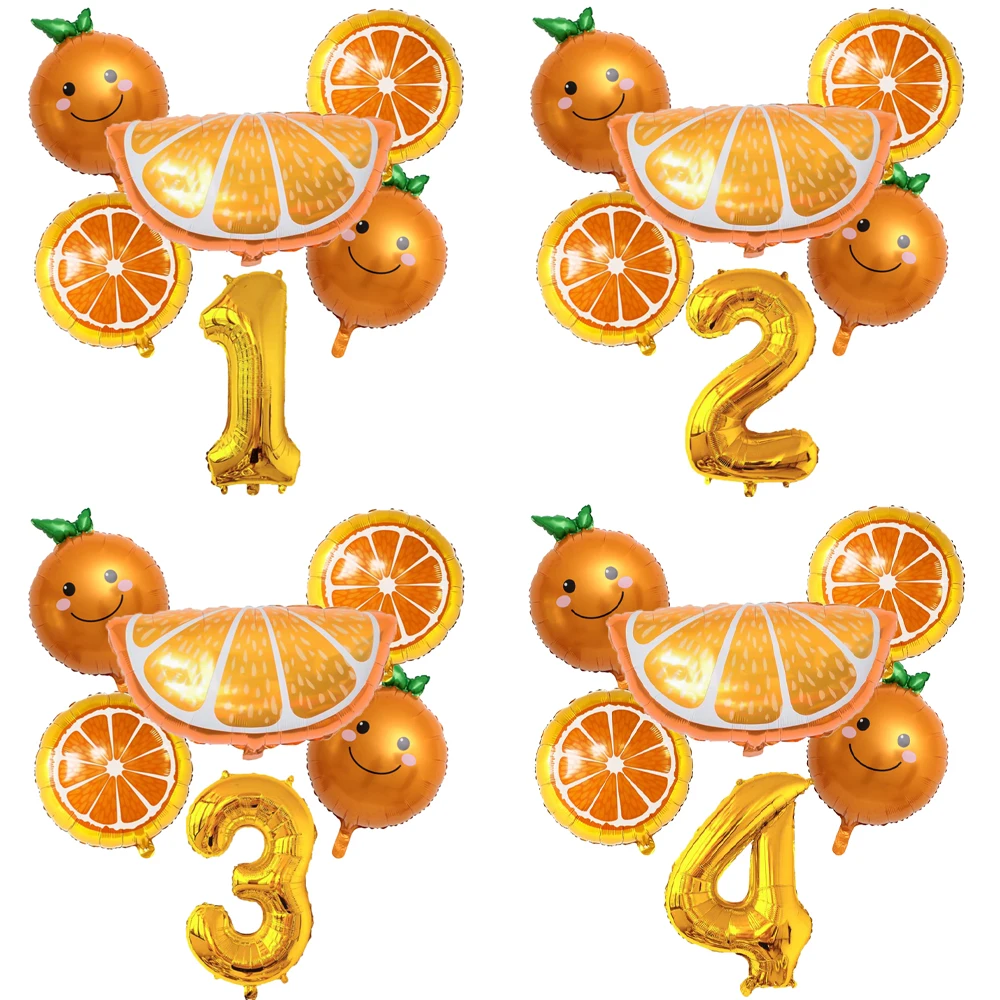 6 Stück orangefarbene Folienballons mit 32-Zoll-Zahlenballons, Obstglobals mit Sommermotiv, Babyparty, Geburtstag, Erntedankfest, Party-Dekoration