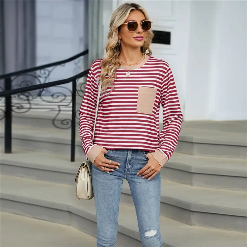 CYL-Camicie a maniche lunghe da donna girocollo a righe vestibilità ampia T-shirt color block autunnale 2025 con tasca