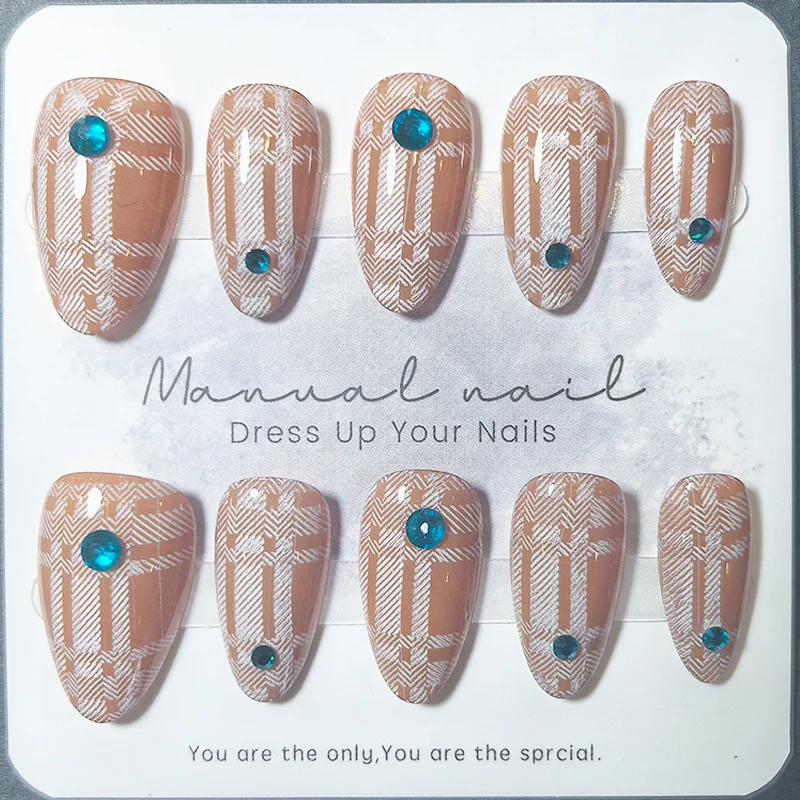 10pcs Almond Handmade Press on Nails Coffee Plaid and Blue Plaid Print Acrylic False Nails Glossy Gel Manicure Set for Women