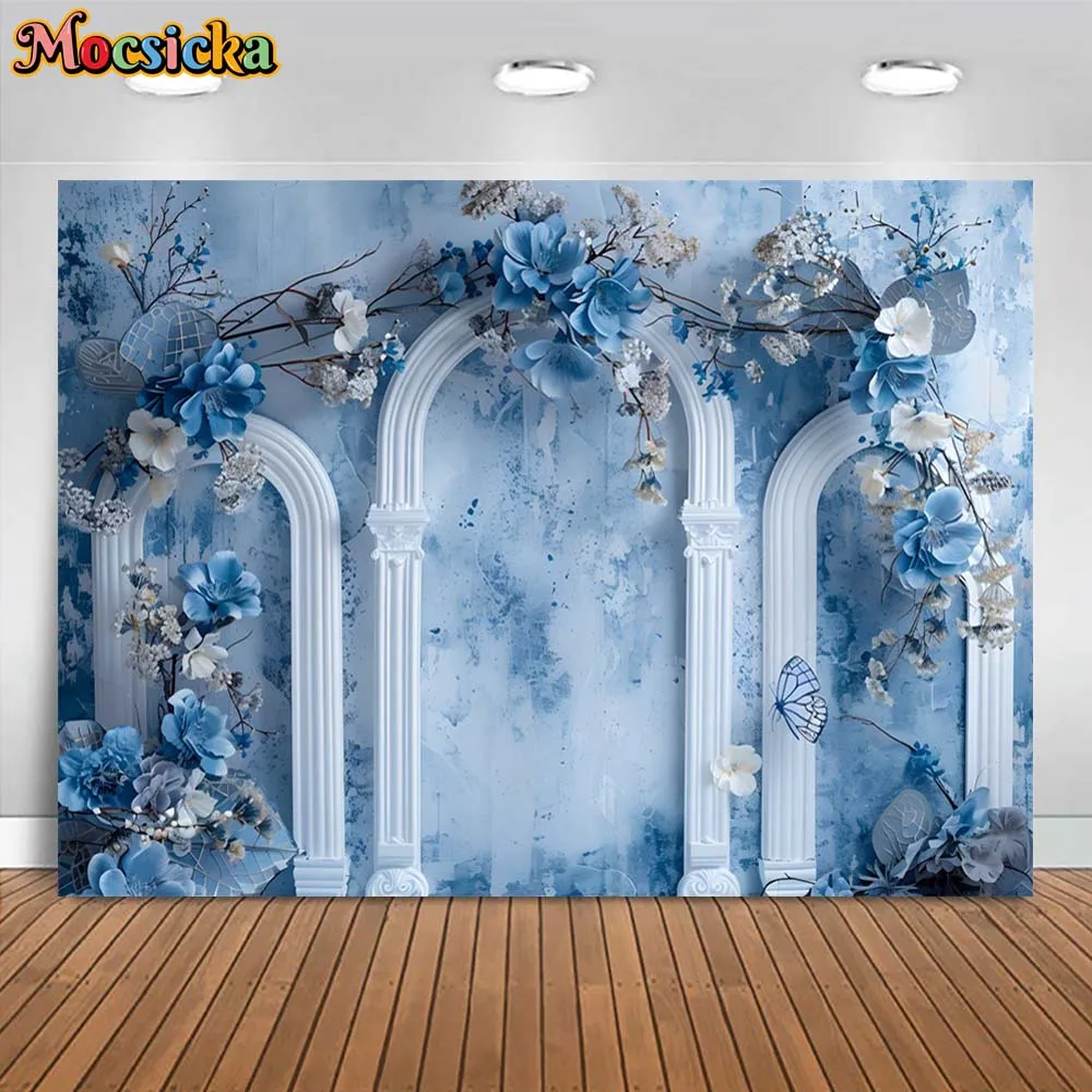 Mocsicka Photography Background Vintage Arch Door Flower Butterfly Blue Wall Art Portrait Photo Backdrop Studio Photoshoot Props