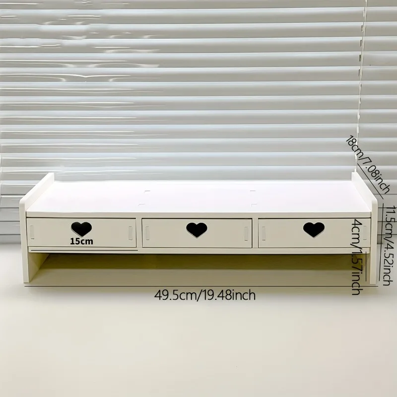 Wooden Heart-Shaped 3-Drawer Desktop Organizer Laptop Stand Space-Saving Storage Keyboard Heightening Base Home Office Monitor