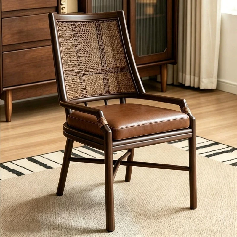 Solid wood dining chair household rattan armrest back chair cafe restaurant hotel chair
