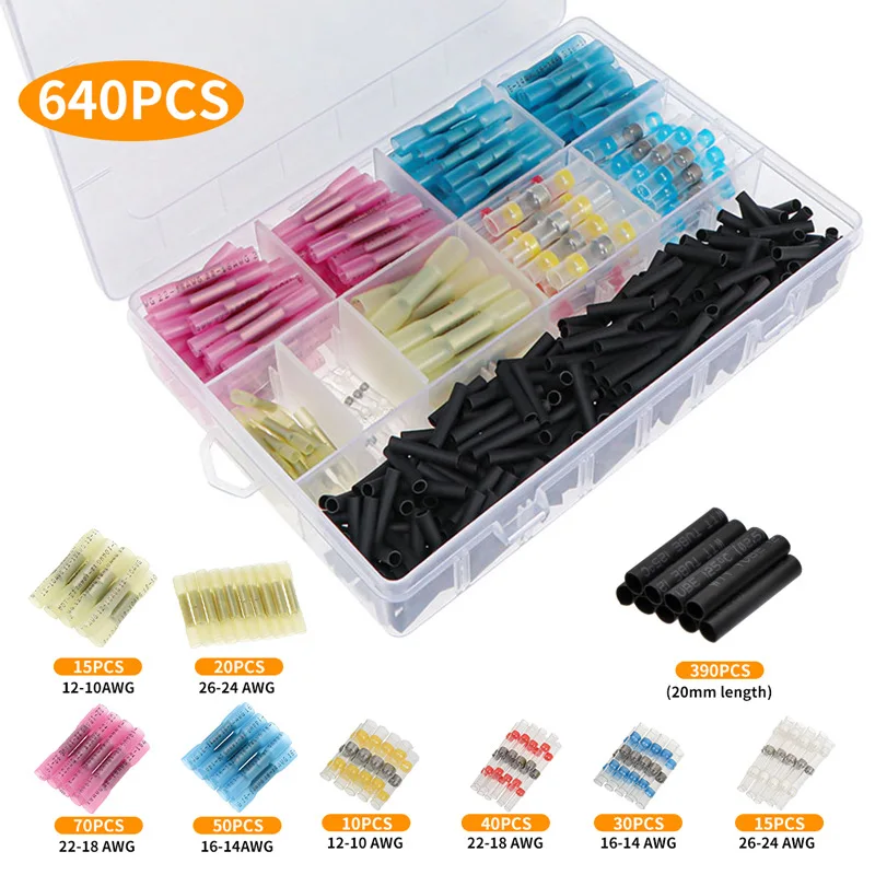 

640Pcs Heat Shrink Intermediate Terminal Set Waterproof Heat Shrink Solder Ring Intermediate Joint Combination Kit