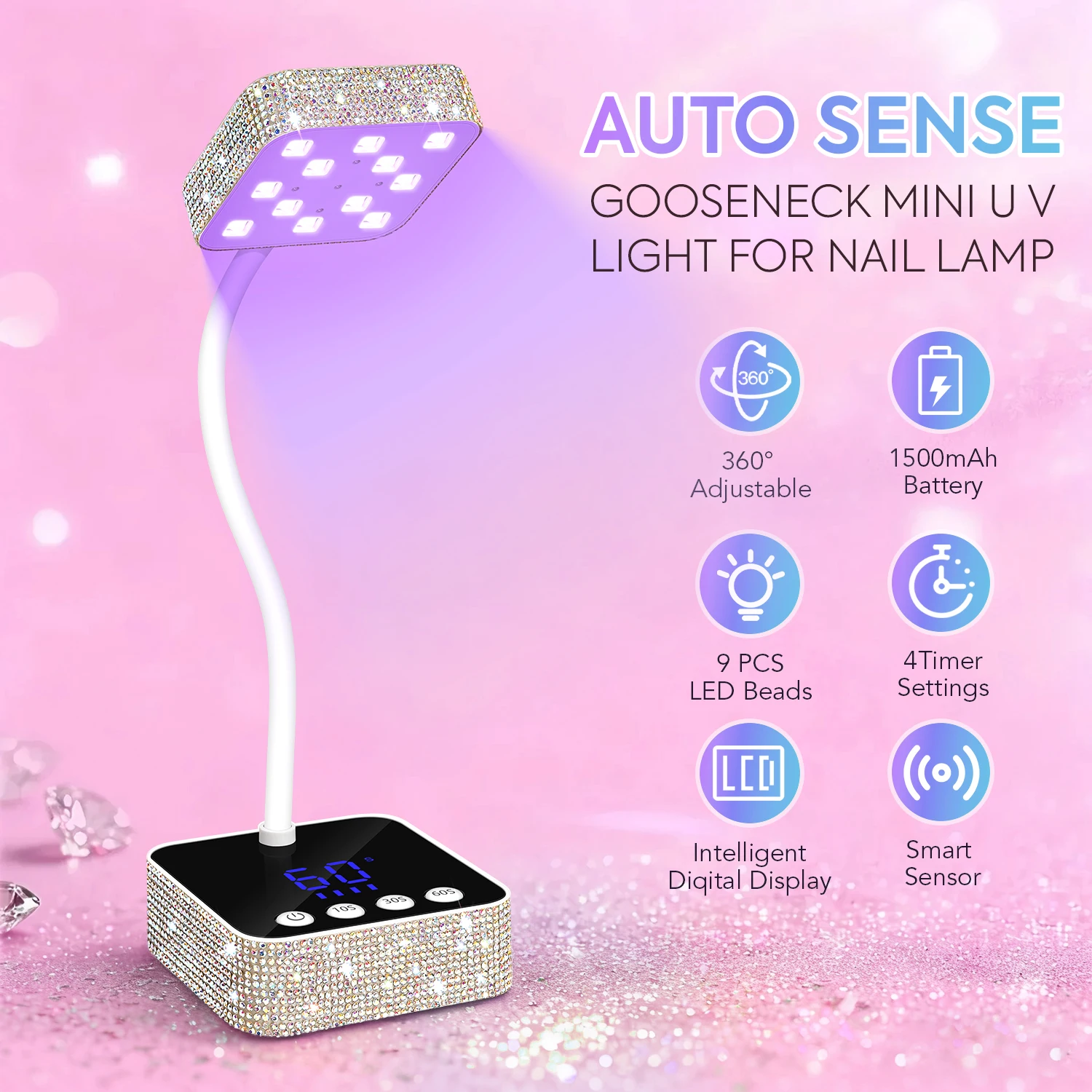 Rechargeable UV LED Nail Lamp Cordless Curing Light with 360° Adjustable Gooseneck and 3 Timer Settings for Gel Nails