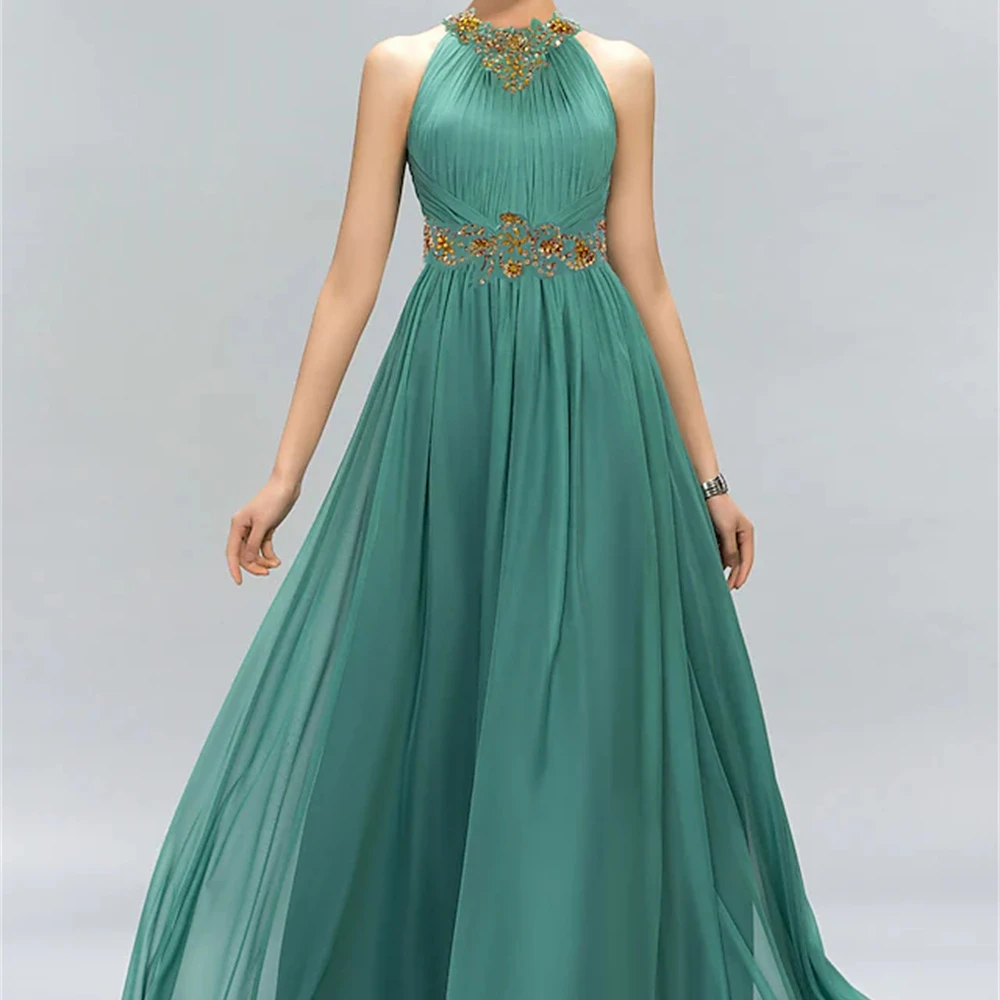 A-Line Halter-Neck Floor-Length Chiffon Sleeveless Wedding Guest Beading 2024 Homecoming Dress Back Zipper Prom Dress for Women