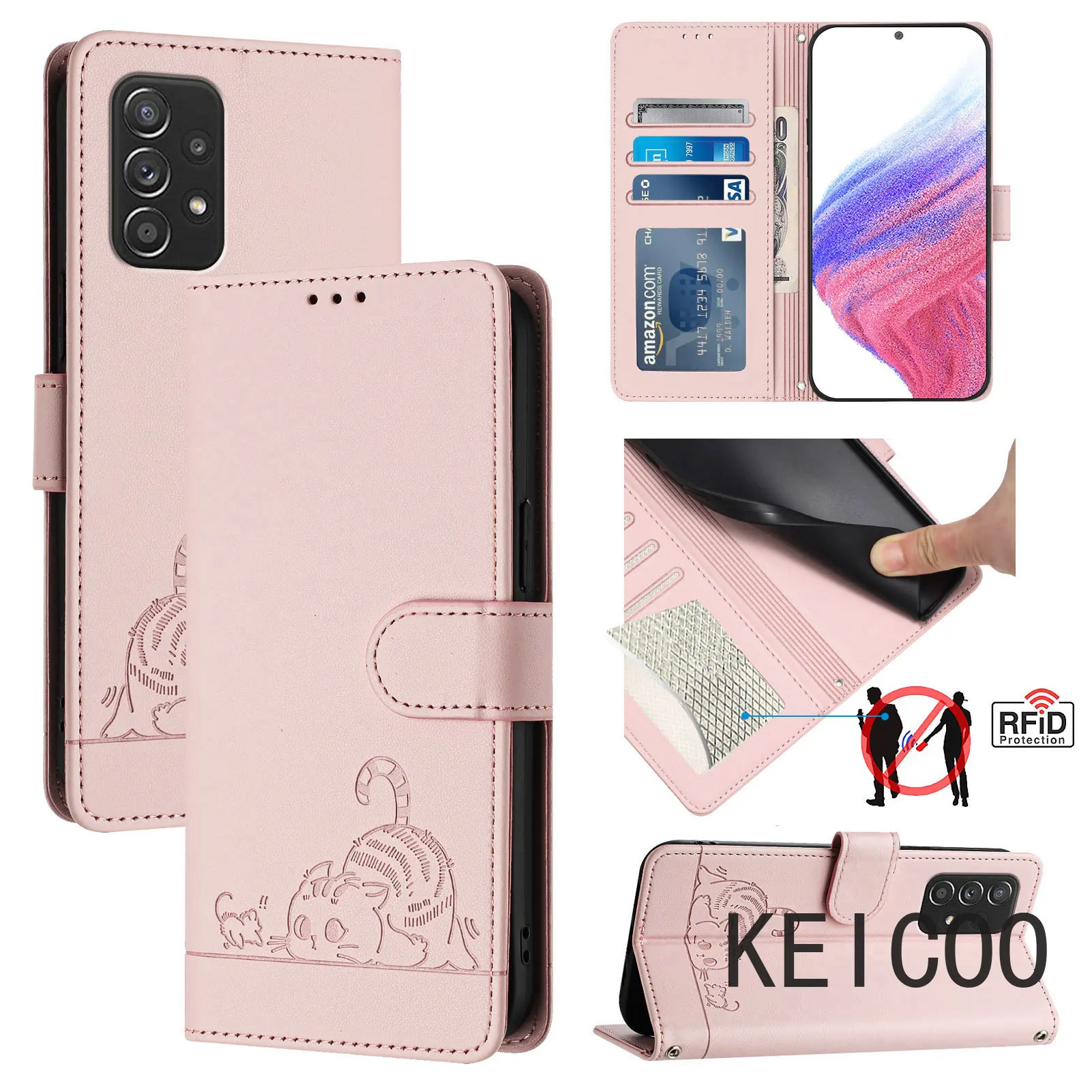 Card Slots Flip cover for Samsung Galaxy A52 A52S A55 A70 A71 4G 5G Sweatproof Leather Shell Shockproof Printed Kitten case