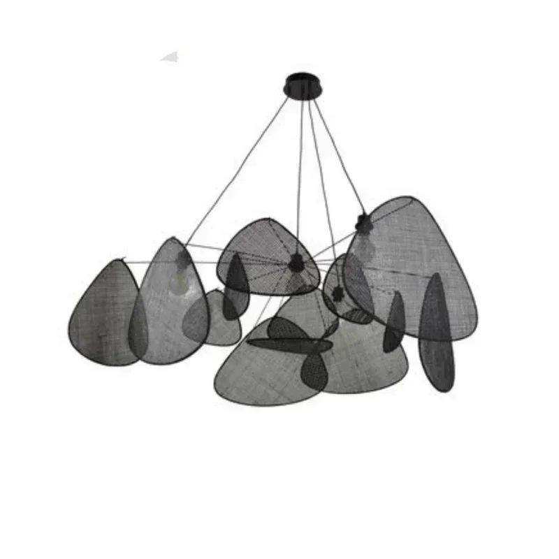

French Designer Black Canework Screens Chandelier Indoor House Rattan Suspension Lighting Decor for Living Dining Room LED Lamp